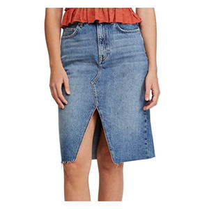 Free People Suzanne Denim Skirt Front Slit Raw Hem